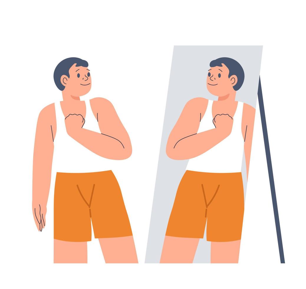 Realistic self esteem of man looking at mirror vector