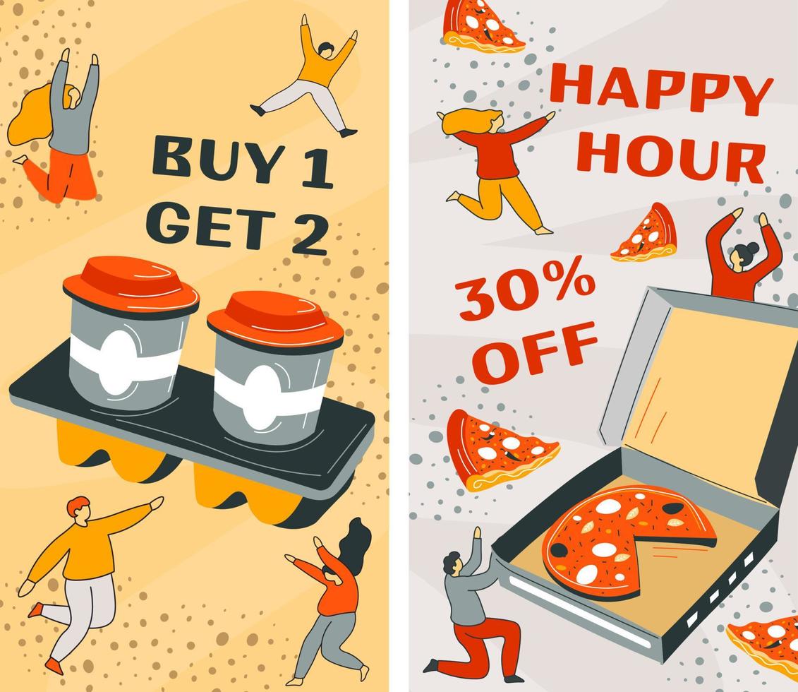 Happy hour in pizzeria, discounts and offer banner vector
