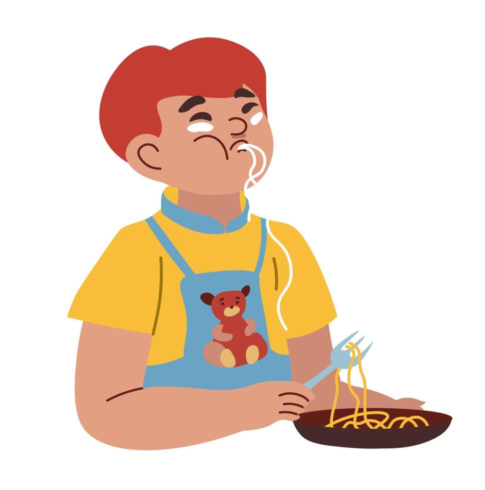 Kid eating noodles or pasta, breakfast or lunch vector