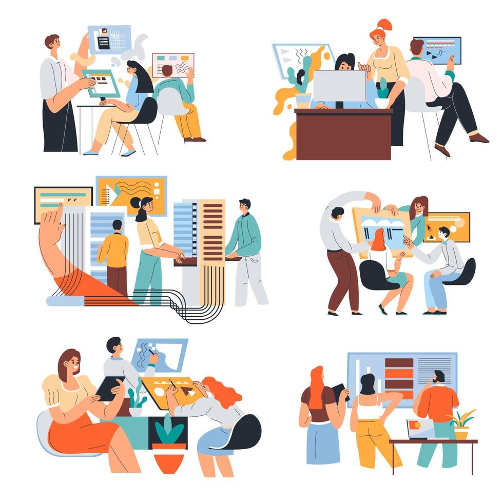 People working on project together, team work vector