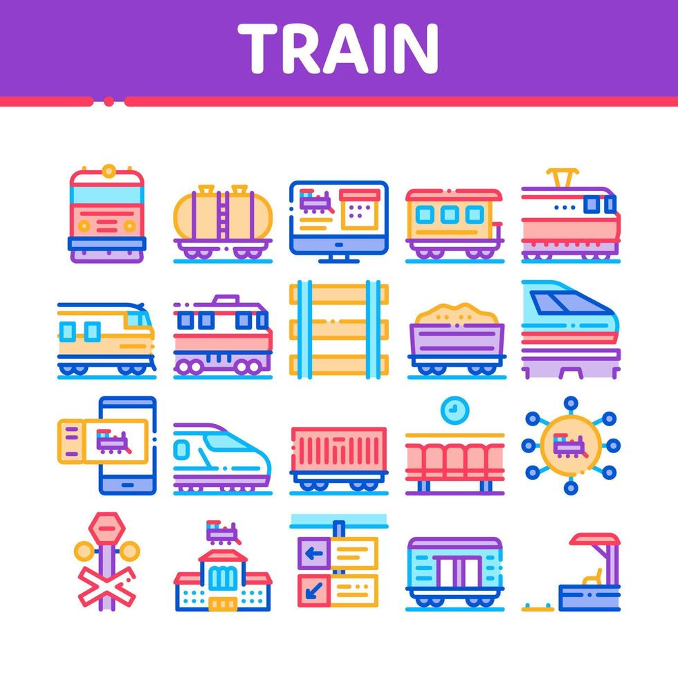 tren, transporte ferroviario, colección, iconos, conjunto, vector