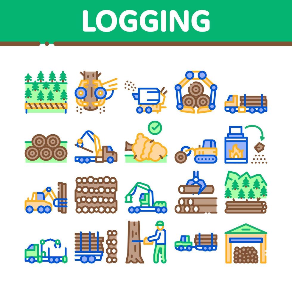 Wood Logging Industry Collection Icons Set Vector