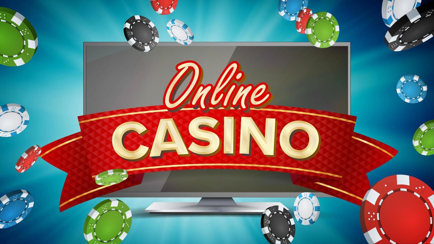 vector de póster de casino en línea. concepto moderno de monitor de computadora. cartelera de jackpot, ilustración de lujo de marketing.