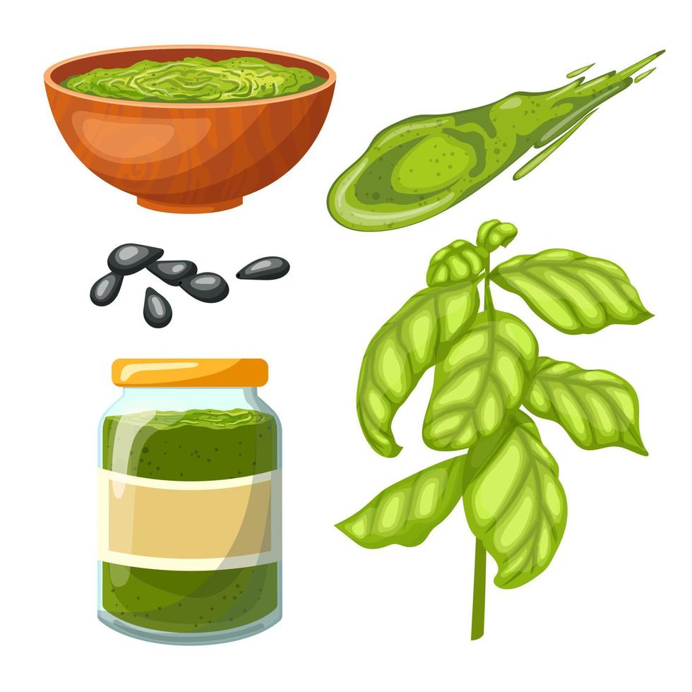 salsa de pesto conjunto de albahaca ilustración vectorial de dibujos animados vector