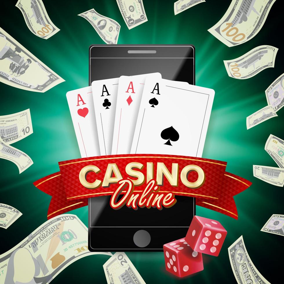 vector de póster de casino en línea. concepto moderno de teléfono inteligente móvil. cartelera de casino jackpot, señalización, banner de lujo de marketing, ilustración de afiches.