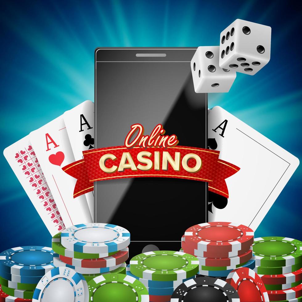 Online Casino Banner Vector. Realistic Smart Phone. Explosion Bright Chips, Playing Dice, Dollar Banknotes. Winner Symbol. Jackpot Billboard, Luxury Banner Illustration. vector