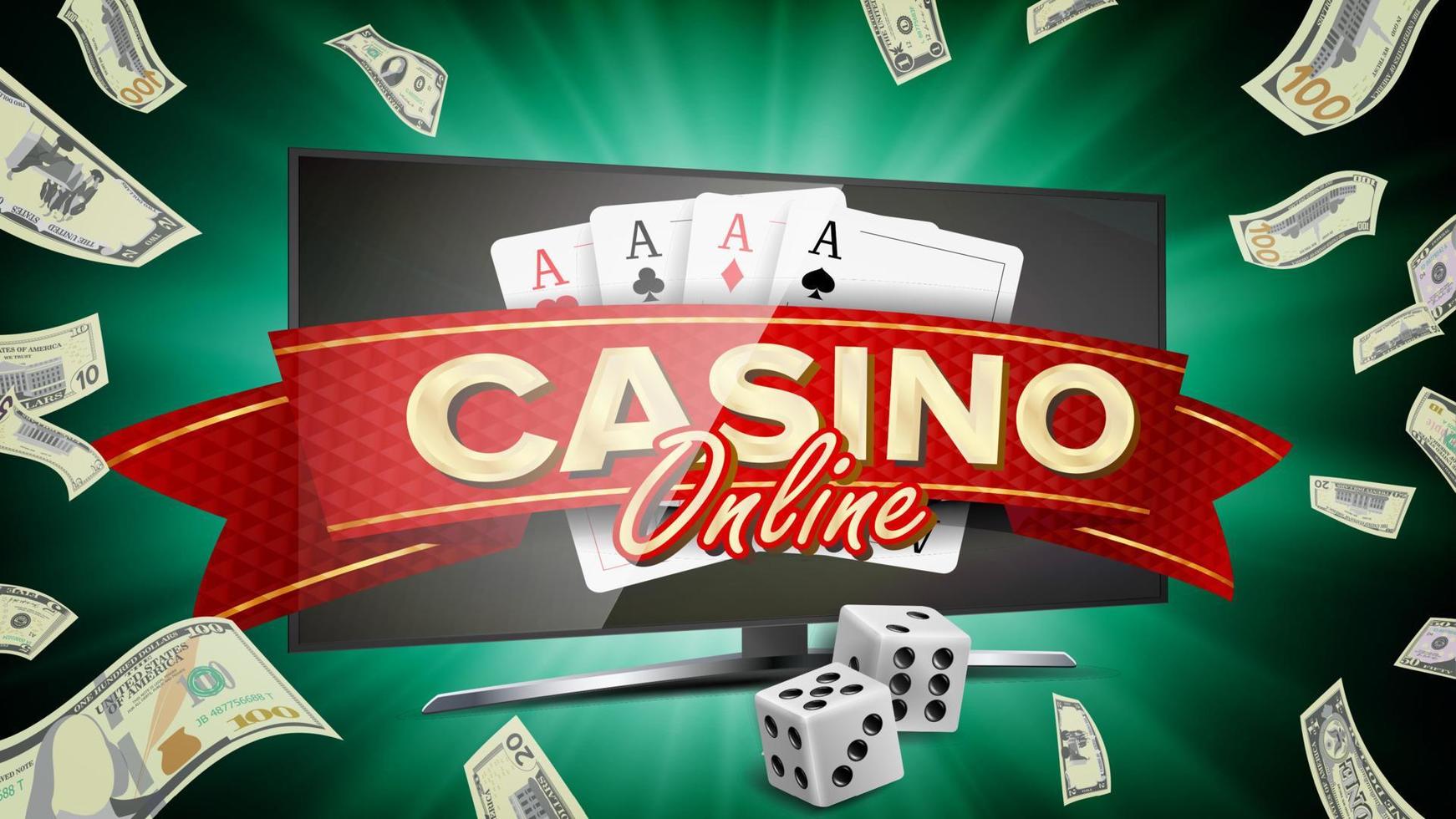 vector de banner de casino en línea. monitor de computadora realista. símbolo de la suerte del ganador. cartelera de casino jackpot, señalización, ilustración de carteles de lujo de marketing.