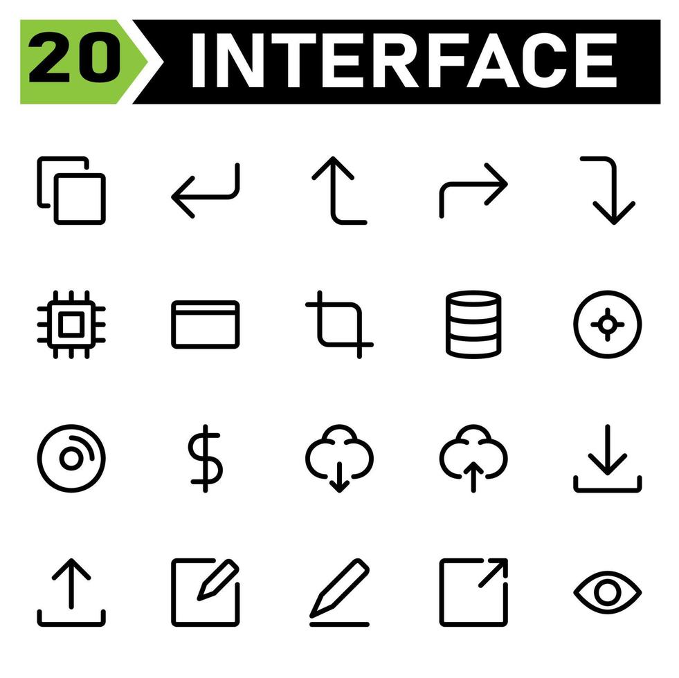 User interface icon set include corner, down, left, arrows, user interface, up, right, chip set, microchip, processor, credit, card, money, transaction, crop, measure, modify, database, storage, data vector