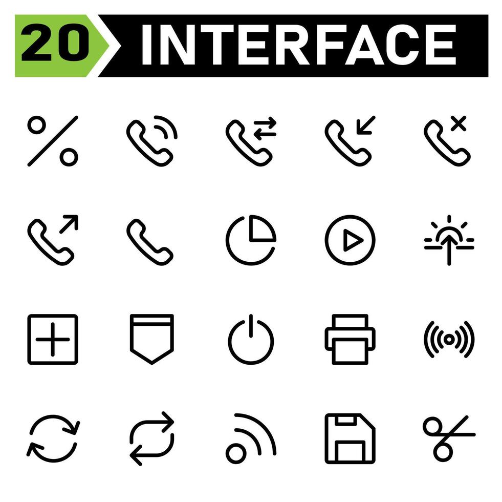 User interface icon set include percent, discount, offer, sale, user interface, phone, call, ringing, telephone, forwarded, incoming, missed, outgoing, pie, chart, statistic, graph, analytic, play vector