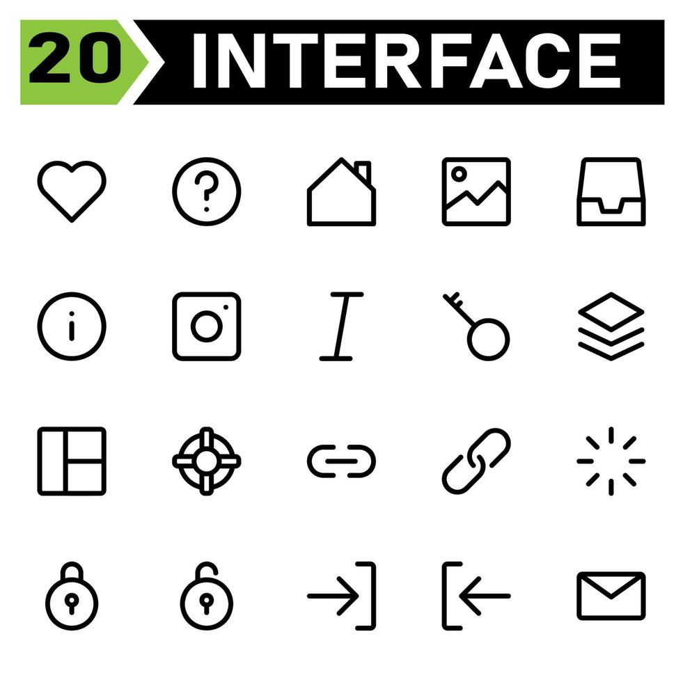 User interface icon set include love, hearth, favorite, like, user interface, help, circle, mark, question, home, house, image, photo, picture, gallery, in box, mailbox, receive, mail, info, about vector