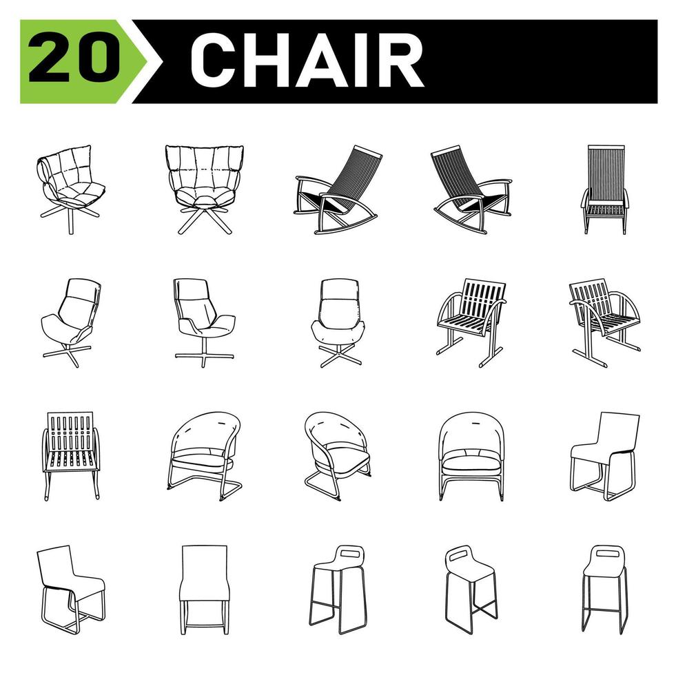 el conjunto de iconos de silla incluye silla, oficina, moderno, sillón, muebles, interior, conjunto, vector, aislado, hogar, colección, blanco, asiento, cómodo, escribir, casa, sentarse, diseño, negocios, habitación, icono vector