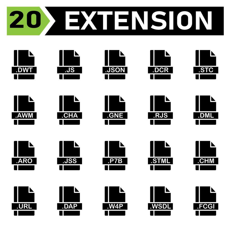 File extension icon set include dwt, js, json, dcr, stc, awm, cha, gne, rjs, dml, aro, jss, p7b, stml, chm, url, dap, w4p, wsdl, fcgi, file, document, extension, icon, type, set, format vector