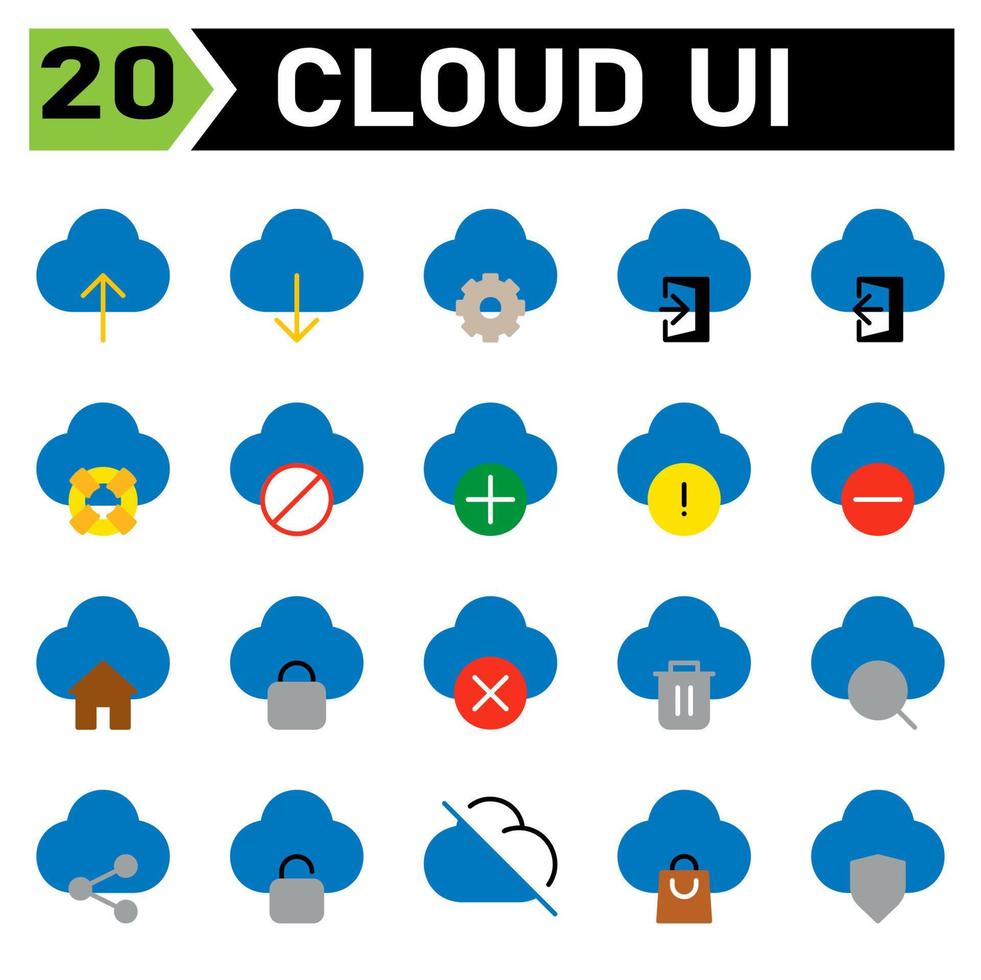 cloud user interface icon set include upload, cloud, user interface, computing, internet of thing, download, setting, gear, sign in, door, sign out, life buoy, help, block, add, plus, warning, sign vector