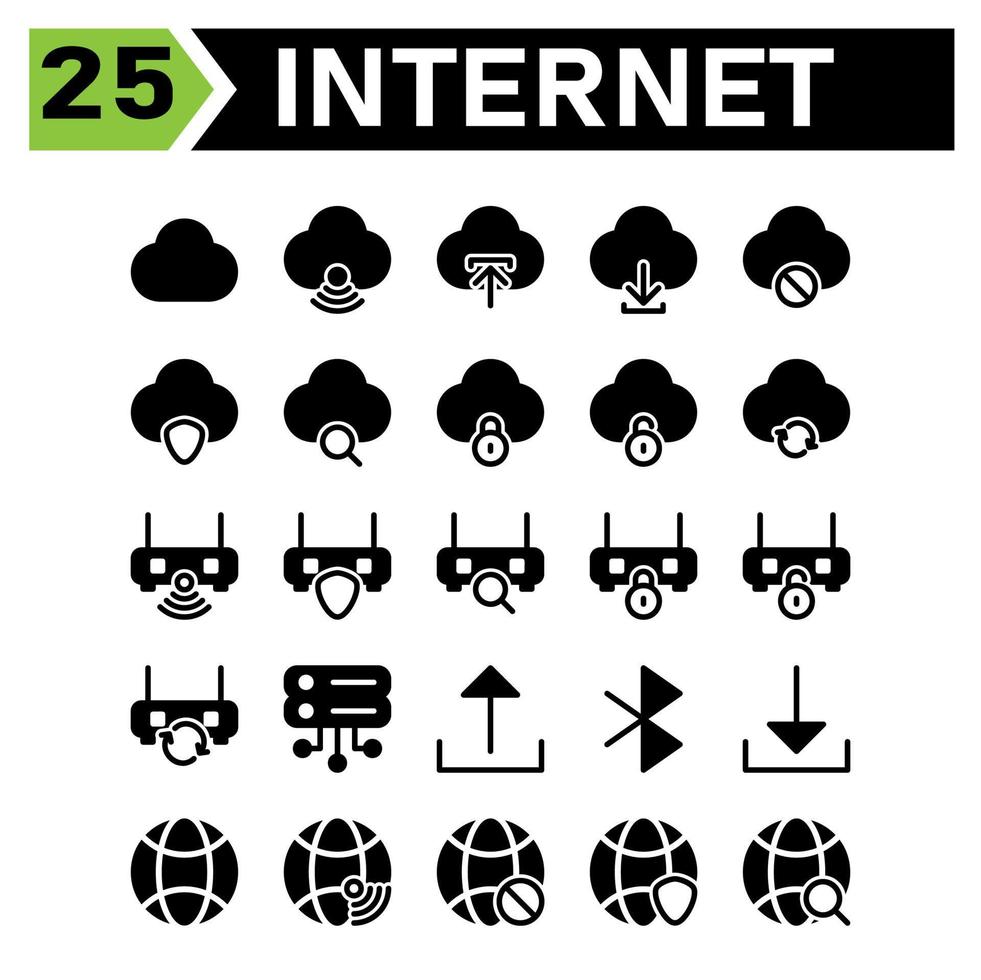 cloud interface icon set include Cloud, connection, internet, network, web, upload, download, remove, block, shield, protect, security, find, padlock, sync, refresh, router, search, server, database vector