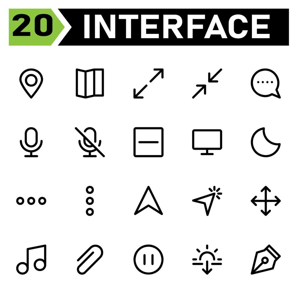 User interface icon set include map, pin, location, user interface, guide, direction, maximize, full screen, enlarge, arrows, minimize, reduce, close, message, chat, misc, communication, mic, podcast vector