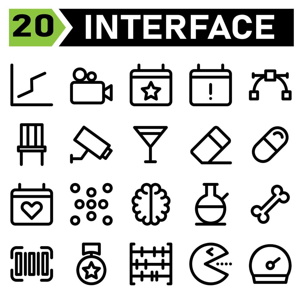 User interface icon set include chart, line, up, diagram, line graph, user interface, camera, movie, film, video, calendar, stars, event, reminder, user interface calendar, info, vector, curve, design vector