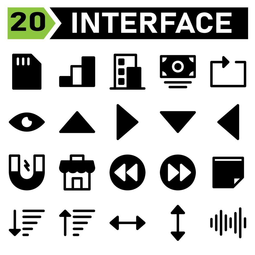 el conjunto de iconos de la interfaz de usuario incluye memoria, tarjeta, chip, interfaz de usuario, gráfico, barra, gráfico, analistas, edificios, oficina, moderno, edificio, dinero, efectivo, pago, dólar, repetición, bucle, flechas, flecha vector
