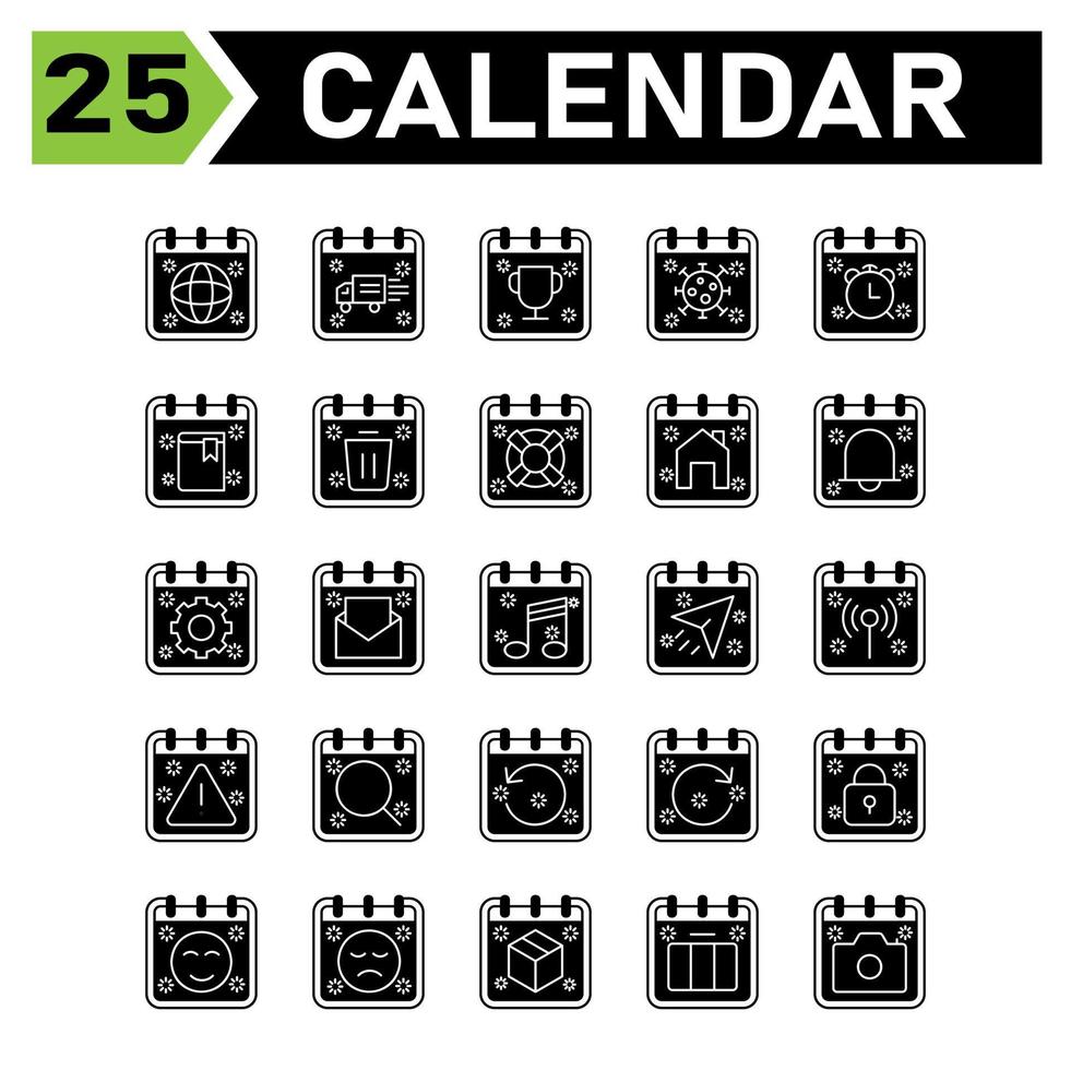 Calendar event icon set include global, world, calendar, date, event, van, appointment, trophy, corona, virus, alarm, clock, book, school, trash, delete, buoy, safety, house, home, bell, gear, setting vector