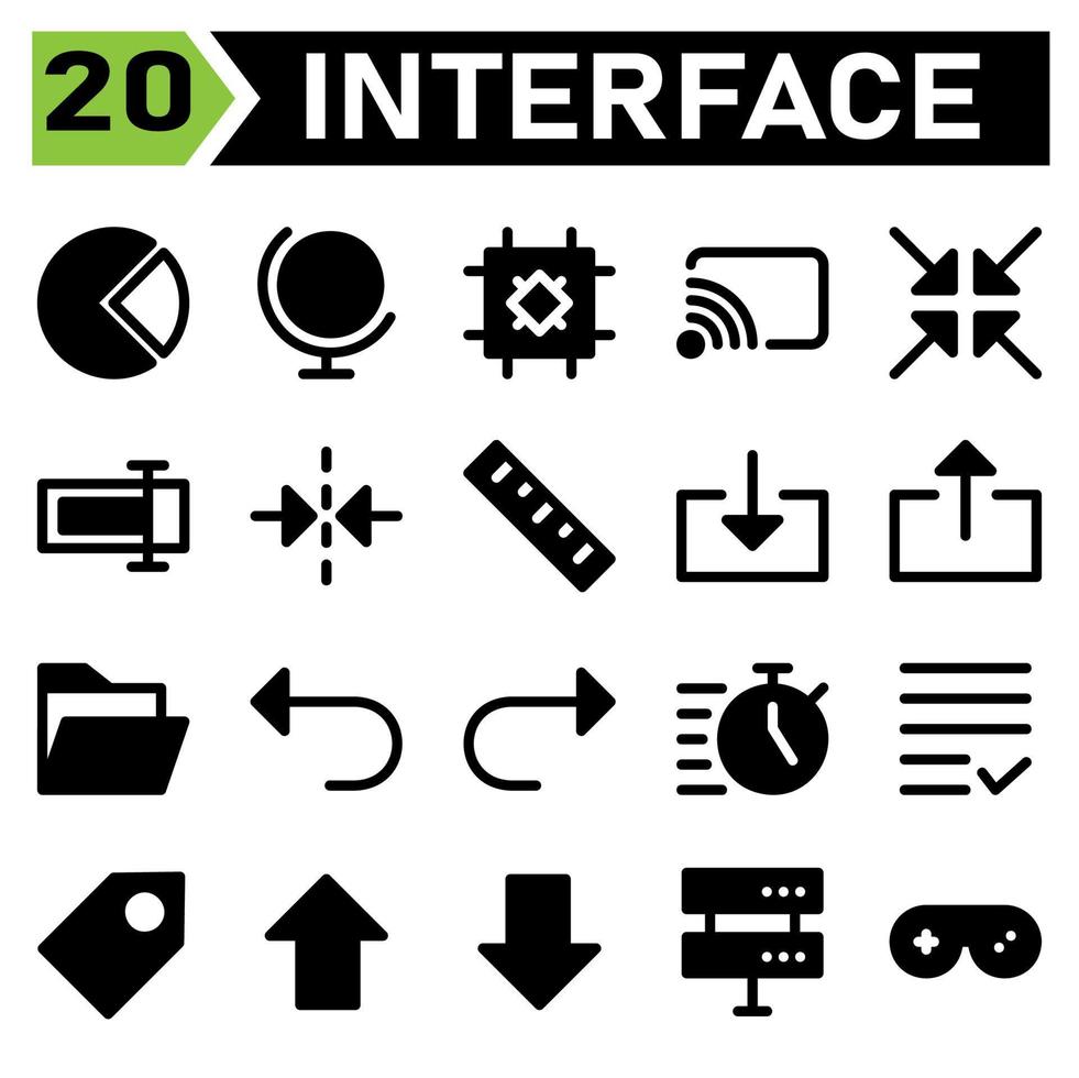 El conjunto de iconos de la interfaz de usuario incluye pastel, carro, gráfico de información, diagrama, interfaz de usuario, globo, mundo, Internet, tierra, chip, conjunto de chips, procesador, transmisión, grabación, transmisión, alimentación, colapso, flechas, zoom vector