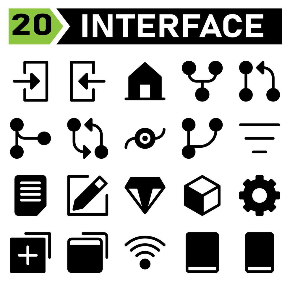 User interface icon set include log, in, account, access, enter, user interface, out, house, home, building, menu, forked, git, request, pull, merge, compare, commit, branch, filter, center vector