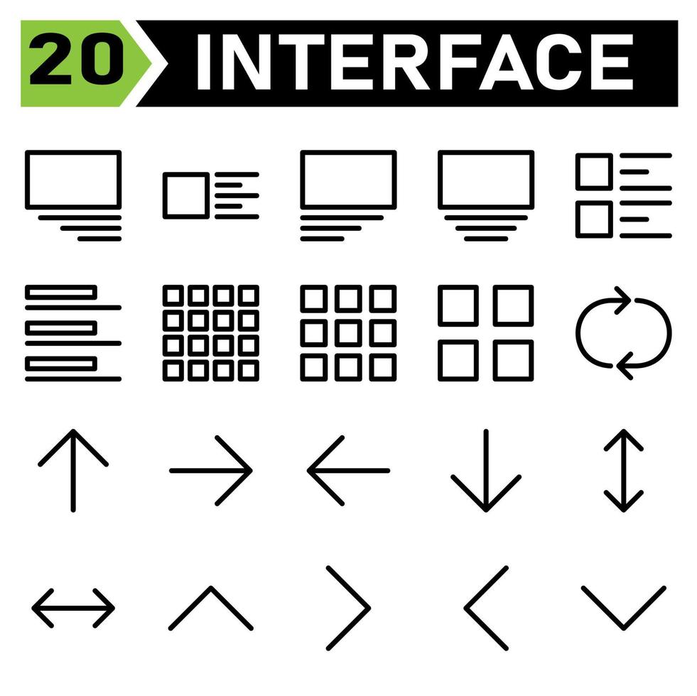 Web interface icon set include media, right, layout, picture, left, center, list, thumb, interface, open menu, post, grid, menu, forms, watch kit, loop, arrows, reload, direction, up, arrow, down vector