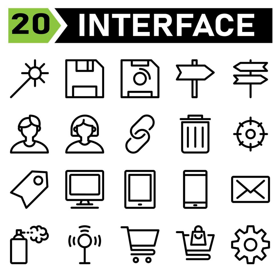 Web interface icon set include wand, web app, magic, wizard, interface, save, disk, floppy, diskette, direction, sign, point, decision, user, men, person, admin, avatar, woman, link, hyperlink, chain vector