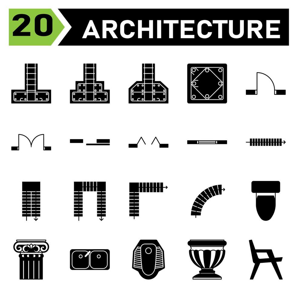 Architecture symbol icon set include pad, footing, structure, stepped, sloped, column, concrete, single, door, double, sliding, window, ventilation, stair, walk, step, u stair, l stair, curved, toilet vector