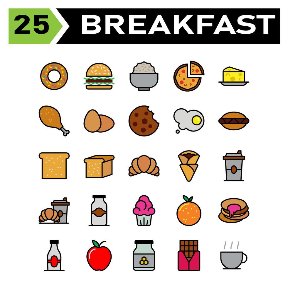 Breakfast set include donuts, food, junk, sweet, breakfast, hamburger, stall, rice, bowl, pizza, italian, brunch, cheese, dish, side, chicken, meat, leg, egg, omelet, cookie, biscuit, chocolate vector