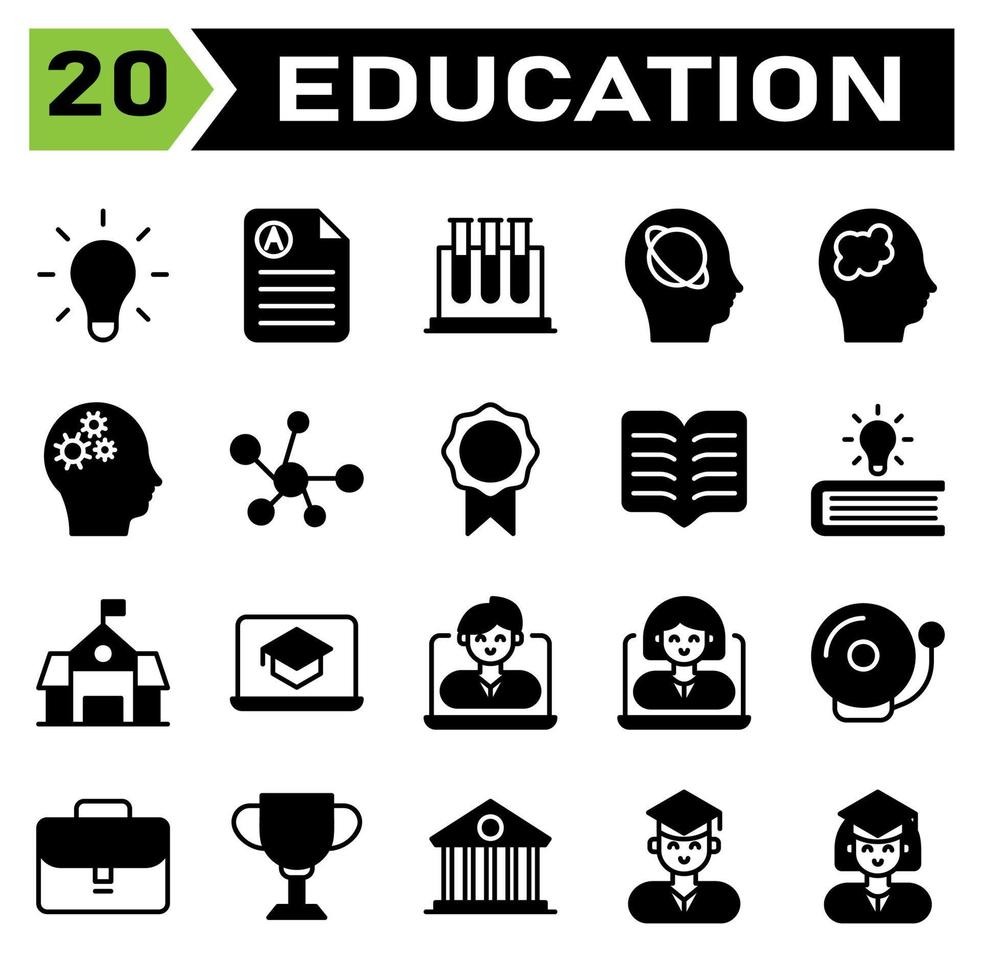 Education icon set include bulb, idea, light, genius, lamp, education, document, rapport, score, science, tube, test, biology, research, intelligence, artificial, head, planet, astronomy, brain, mind vector