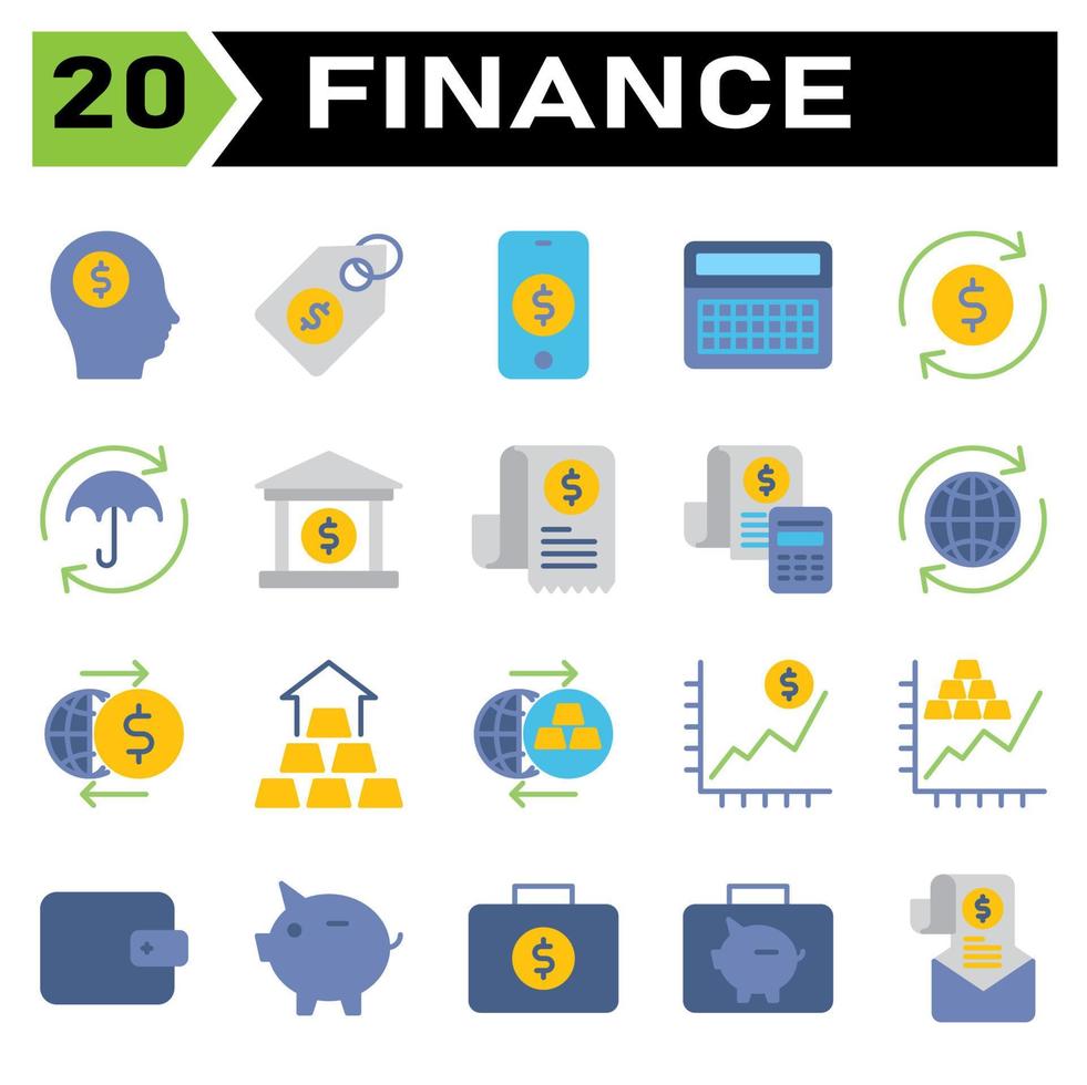 Finance icon set include head, money, dollar, business, rich, tag, label, price, shopping, phone, mobile, cell, investment, calculator, finance, accounting, math, refund, cash, flow, protect, market vector