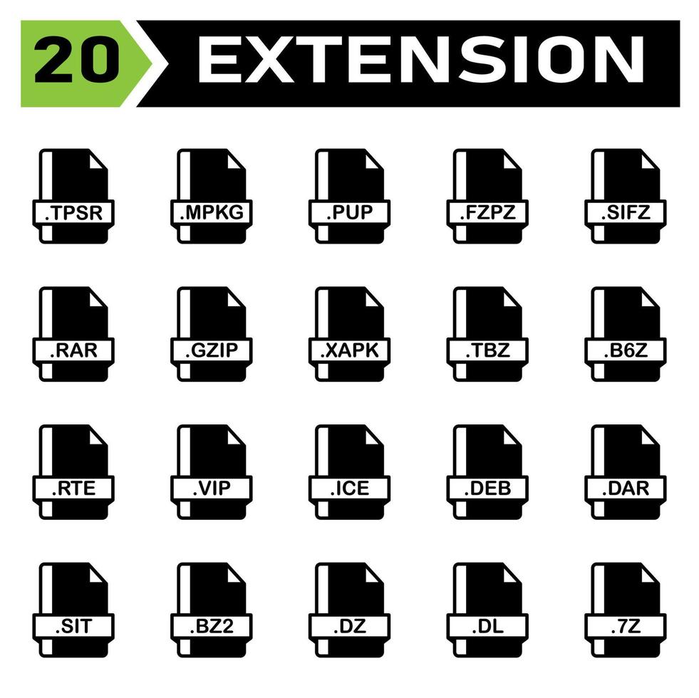 File extension icon set include tpsr, mpkg, pup, fzpz, sifz, rar, gzip, xapk, tbz, b6z, rte, vip, ice, deb, dar, sit, bz2, dz, dl, 7z, file, document vector