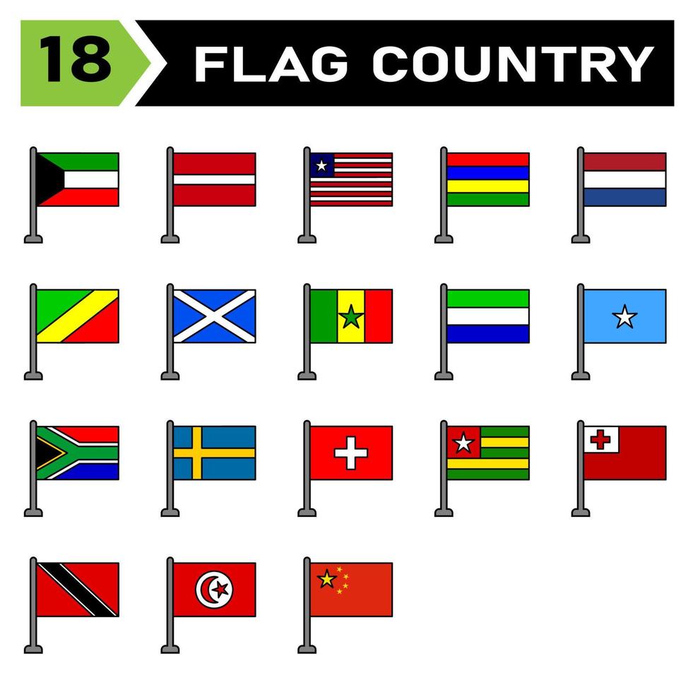 el conjunto de iconos de país de bandera incluye país, bandera, símbolo, nacional, viaje, ilustración, nación, icono, vector, emblema, conjunto, signo, continente, internacional, todos, kuwait, letonia, liberia, mauricio vector