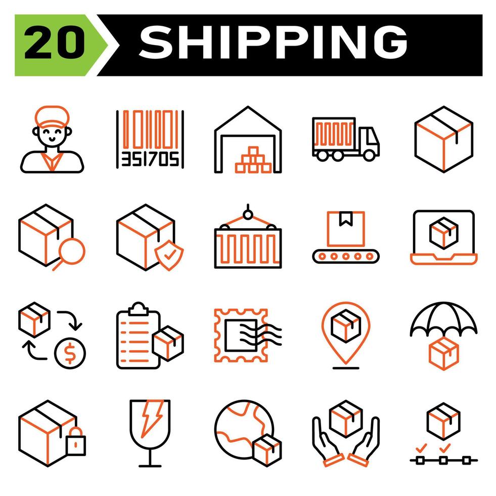 Shipping and logistic icon set include man, delivery, holding, service, courier, customer, bar code, tracking, order, bar, code, shipping, warehouse, garage, storehouse, logistic, box, cargo, truck vector