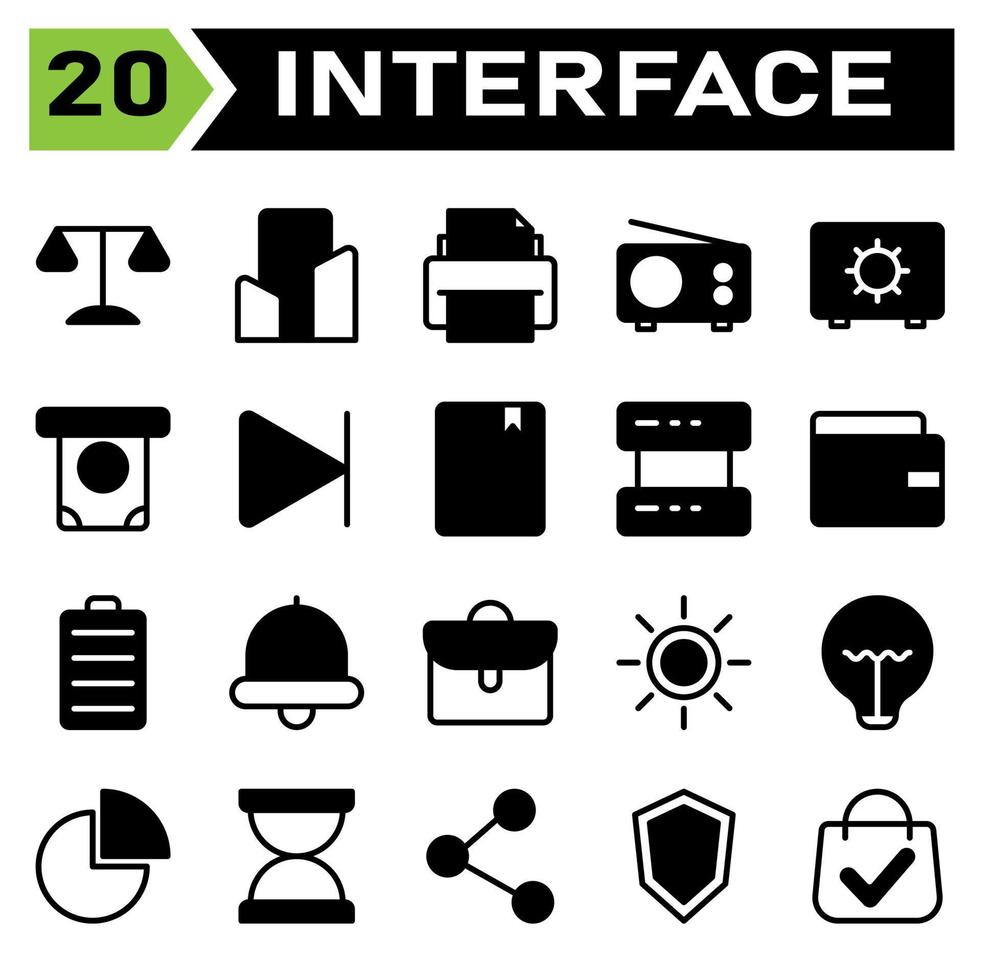 User interface icon set include legal, law, justice, court, crime, office, building, apartment, house, home, printing, print, printer, document, radio, transmission, device, fm, safe deposit vector