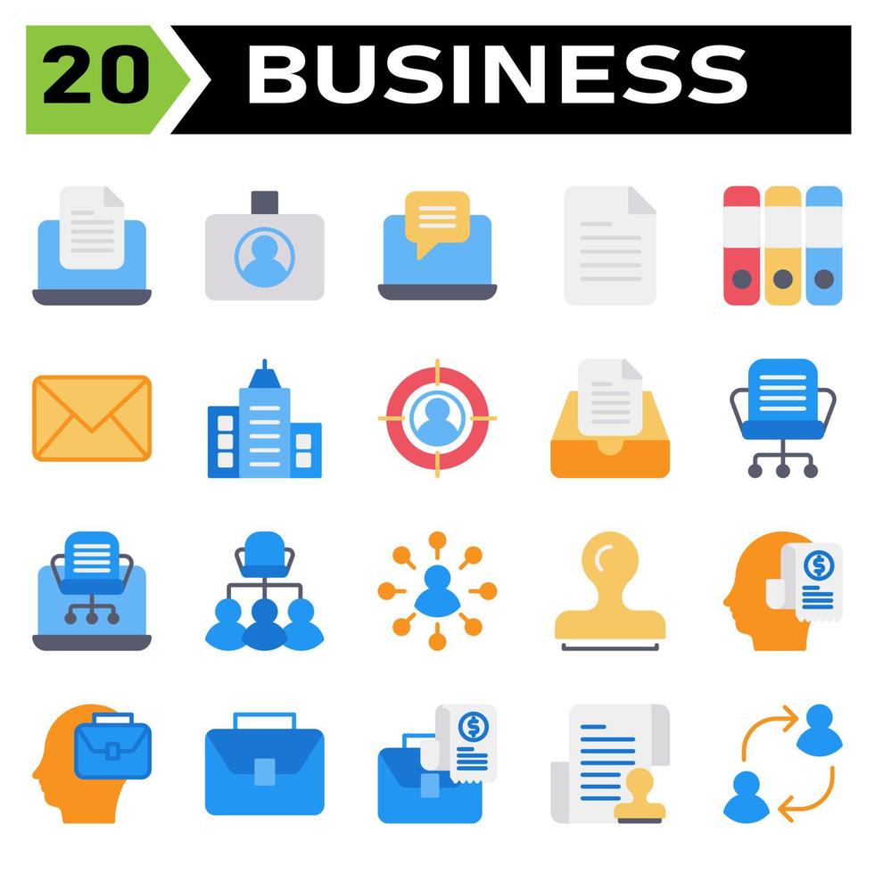 Office business icon set include laptop, document, office, work, device, filed, id card, badge, identification, id, card, chat, message, email, file, list, folder, files, binders, mails, letter vector