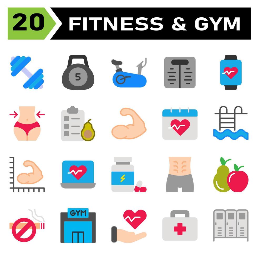 el conjunto de iconos de salud y fitness incluye peso, gimnasio, equipo, entrenamiento, bicicleta, báscula, inteligente, reloj, dispositivo, hogar, dieta, cuerpo, cintura, aguacate, comida, lista de verificación, frutas, culturista, músculo, calendario vector