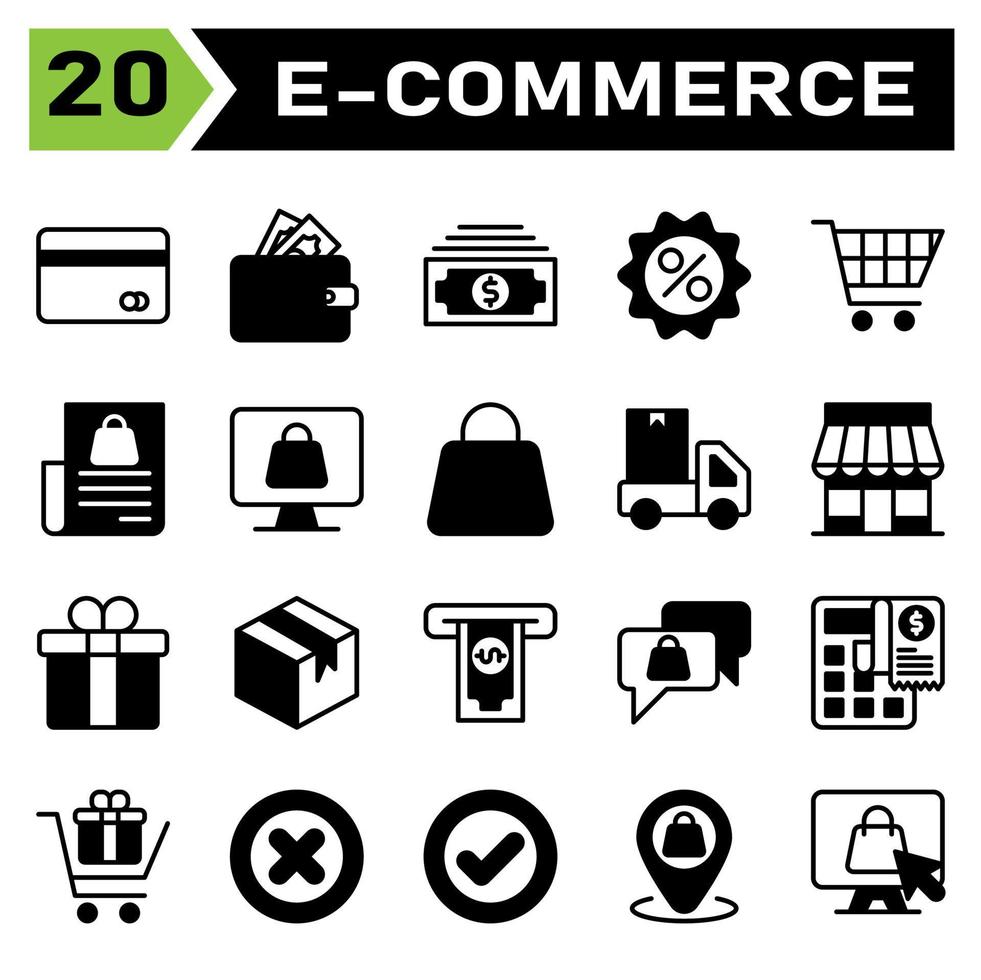 E commerce icon set include e commerce, money, wallet, finance, dollar, discount, price, sale, percent, trolley, buy, chart, shopping, bill, computer, cart, shop, online, bag, truck, delivery, car vector