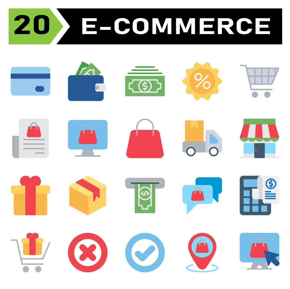 E commerce icon set include e commerce, money, wallet, finance, dollar, discount, price, sale, percent, trolley, buy, chart, shopping, bill, computer, cart, shop, online, bag, truck, delivery, car vector