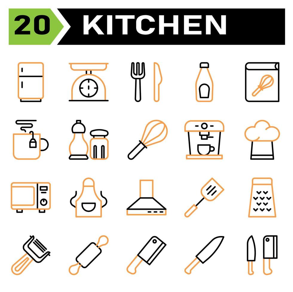 Kitchen equipment icon set include refrigerator, fringe, kitchen, equipment, scales, scale, weight, fork, knife, cutlery, bottle, sauce, tomato, ketchup, recipe, book, cook, cookbook, cooking, coffee vector