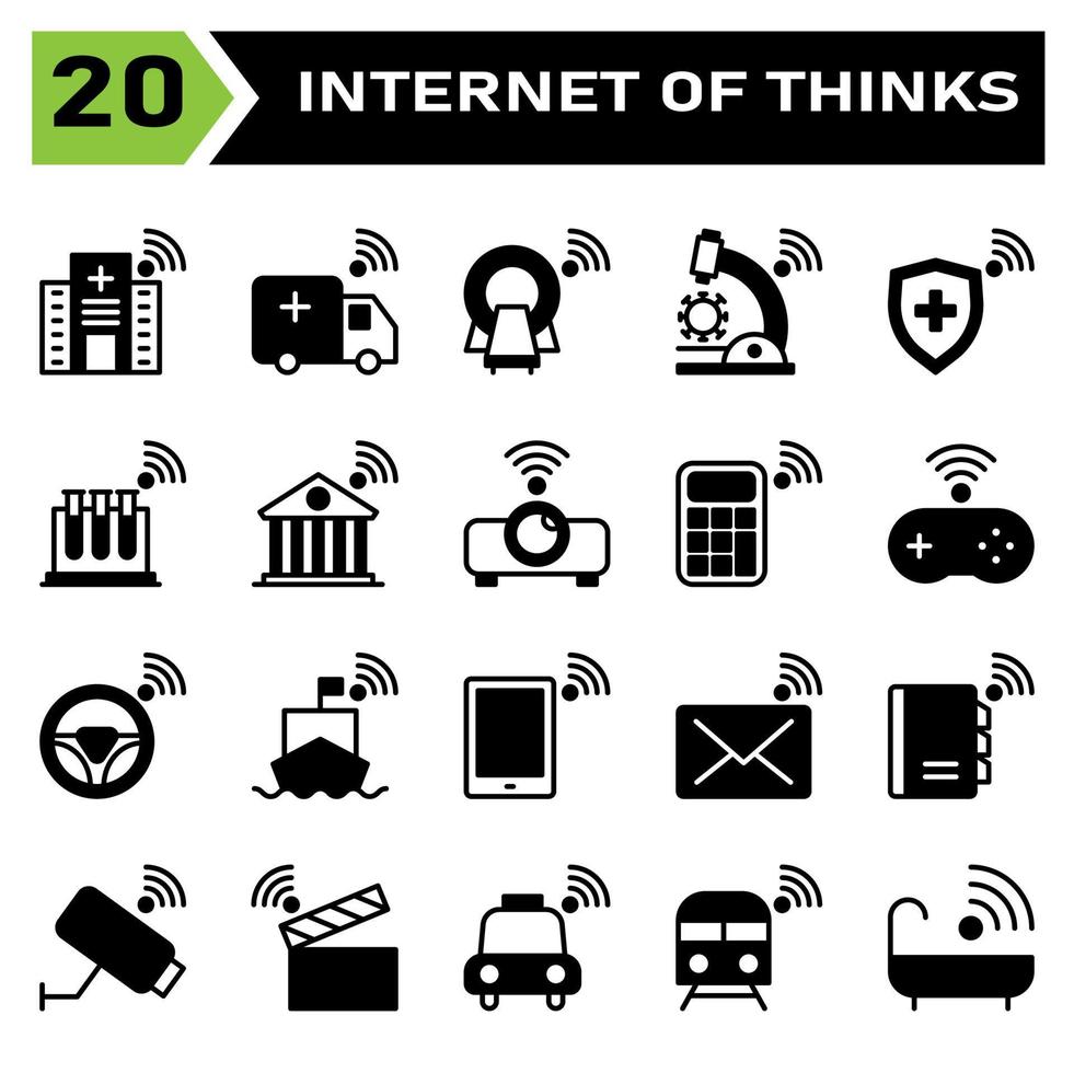 Internet of things icon set include hospital, clinic, internet of things, ambulance, car, tomography, microscope, virus, shield, protection, tube, test, building, bank, projector, calculator, console vector