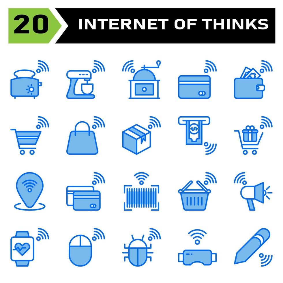 Internet of things icon set include toaster, bread, internet of things, mixer, grinder, coffee, credit card, payment, wallet, money, trolley, cart, bag, box, package, buy, gift, pin, location,bar code vector