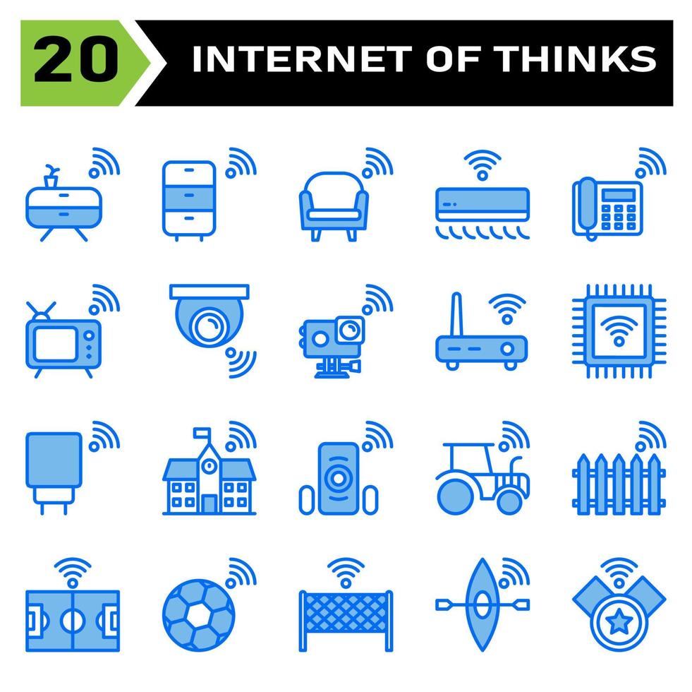 El conjunto de iconos de Internet de las cosas incluye gabinete, muebles, Internet de las cosas, sofá, sofá, aire acondicionado, teléfono, televisión, cámara, cámara de acción, enrutador, procesador, cargador, puerto, escuela, edificio vector