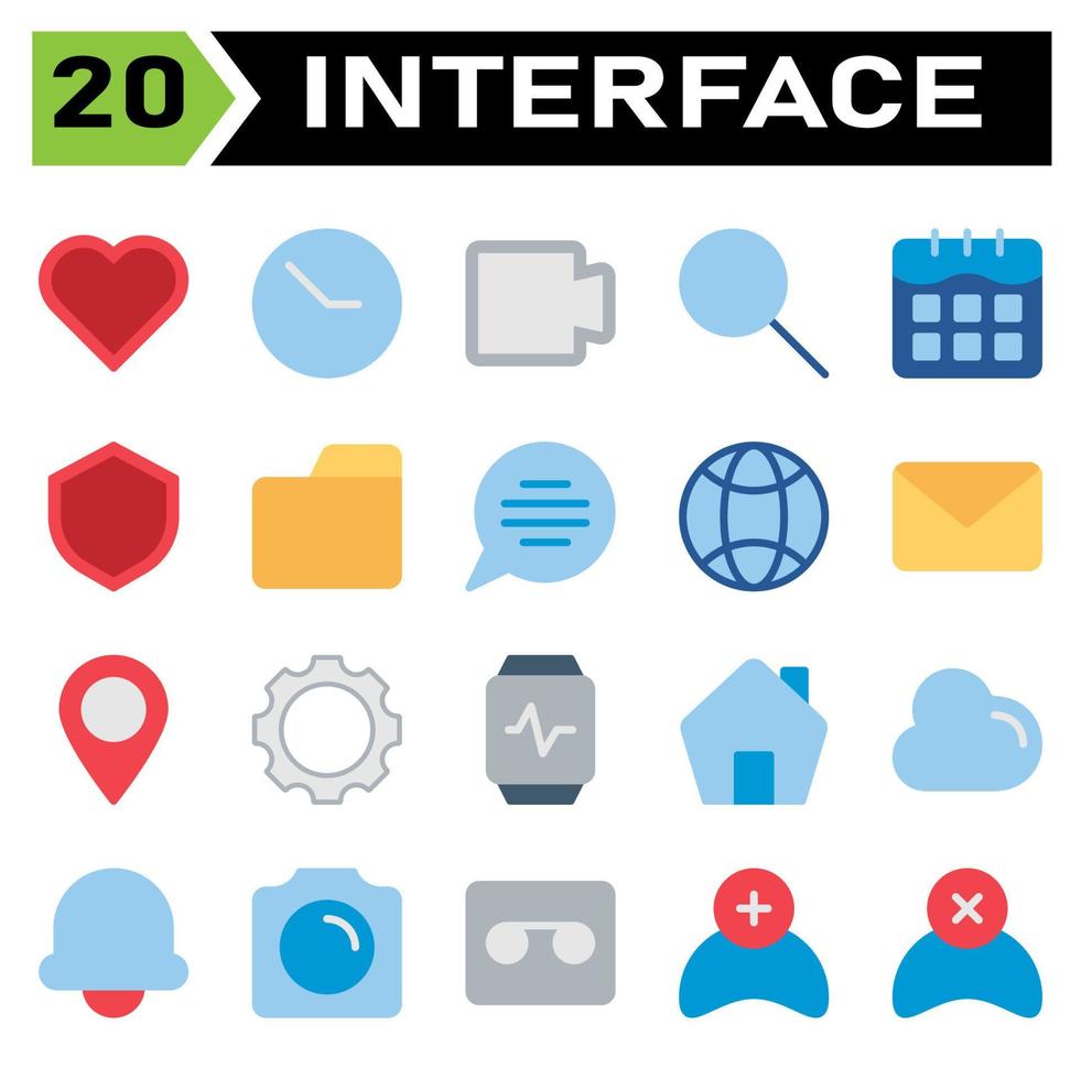 el conjunto de iconos de la interfaz de usuario incluye amor, corazón, favorito, me gusta, interfaz de usuario, reloj, hora, cronómetro, película, video, reproducción, multimedia, búsqueda, búsqueda, zoom, calendario, fecha, horario, escudo vector