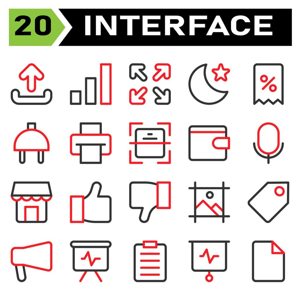 User interface icon set include upload, sign, element, user interface, application, signal, barr, full screen, user interaction, arrows, night, mode, moon, star, app, discount, voucher, e commerce vector