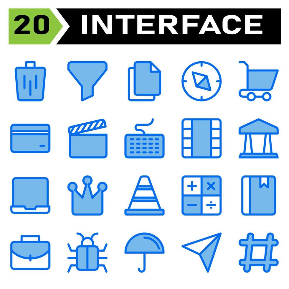 User interface icon set include bin, trash, basket, delete, remove, funnel, sort, filter, user interface, file, duplicate, paste, paper, copy, compass, direction, navigate, navigation, trolley, buy vector