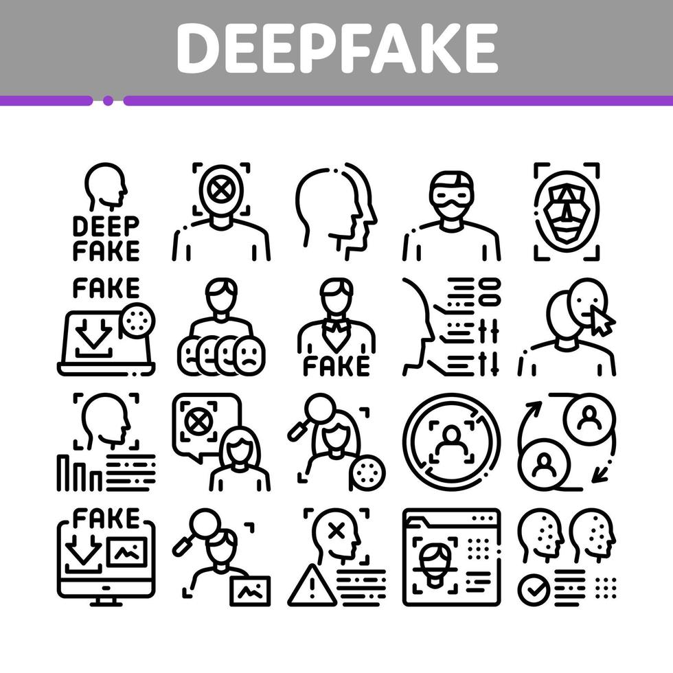 Deepfake Face Fake Collection Icons Set Vector