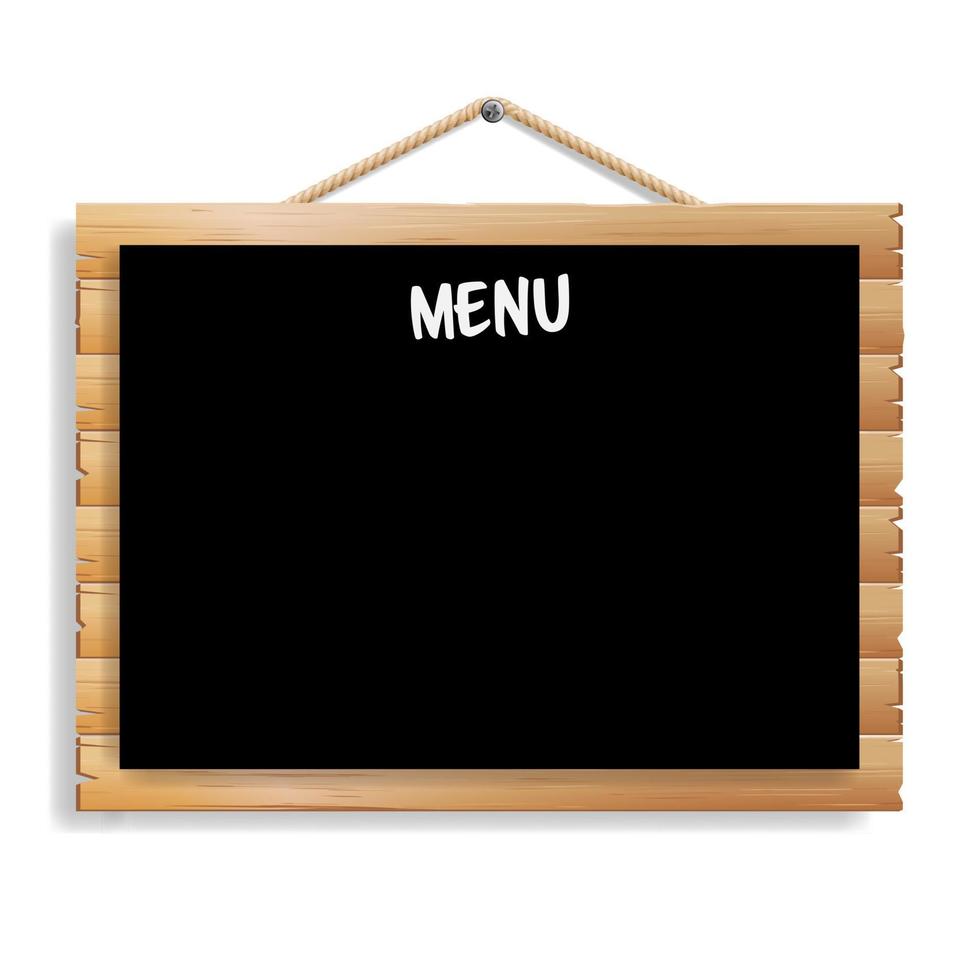 Menu Board. Cafe Or Restaurant Menu Bulletin Black Board. Isolated On White Background. Realistic Black Signboard Chalkboard With Wooden Frame Hanging. Vector Illustration