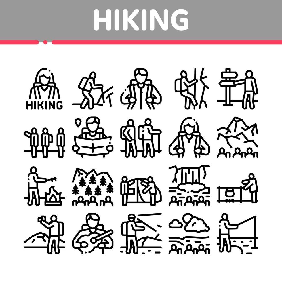 Hiking Extreme Tourism Collection Icons Set Vector