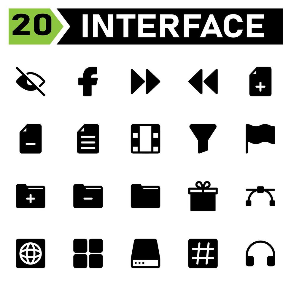 User interface icon set include face book, social media, user interface, fast, forward, arrows, rewind, file, plus, add, files, minus, remove, text, document, film, movie, video, filter, funnel, sort vector