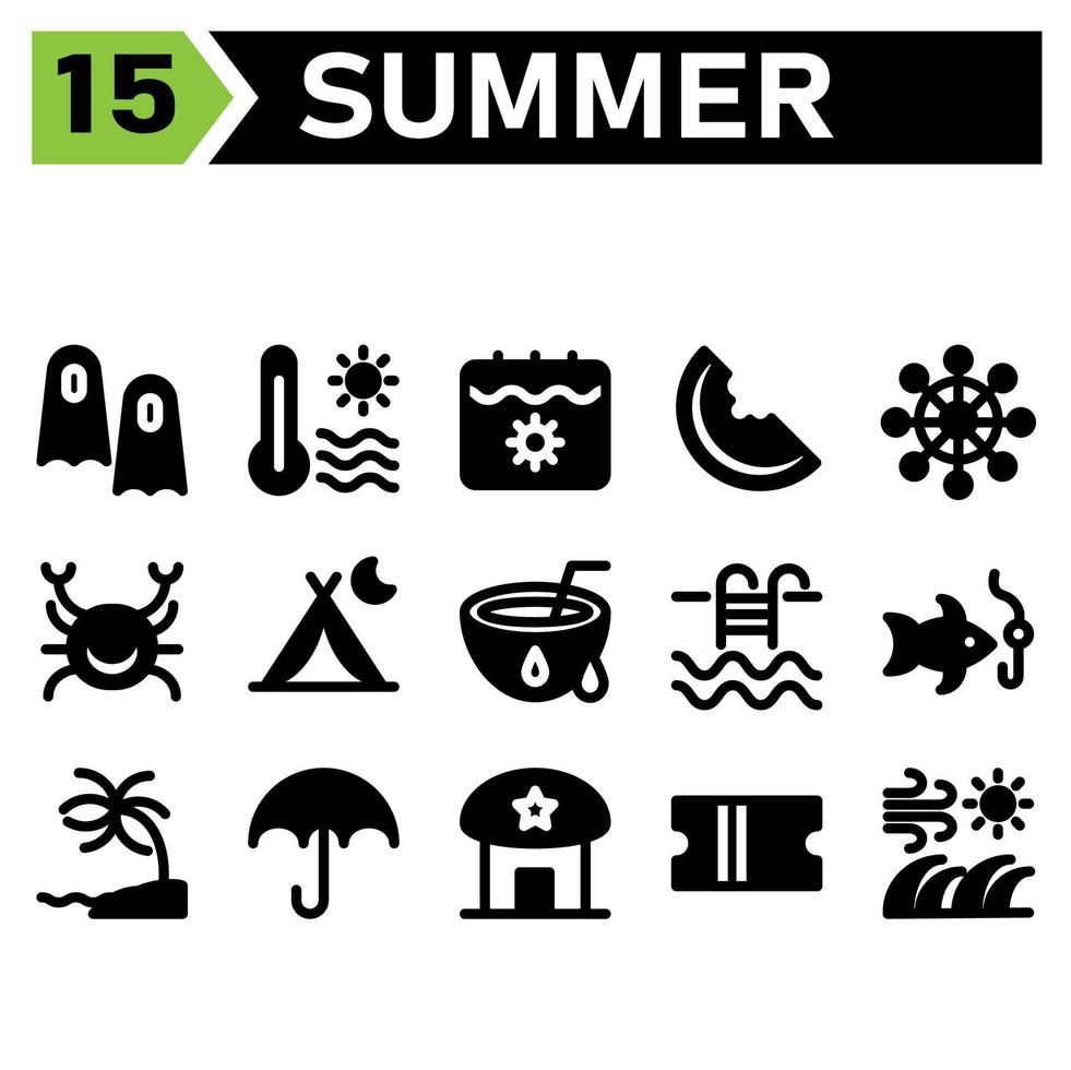 Summer icon set include flippers, swim fish, summer, vacation, diving, temperature, hot, sun, weather, calendar, date, holiday, watermelon, fruit, journey, food, sail, navigation, wheel,direction,crab vector